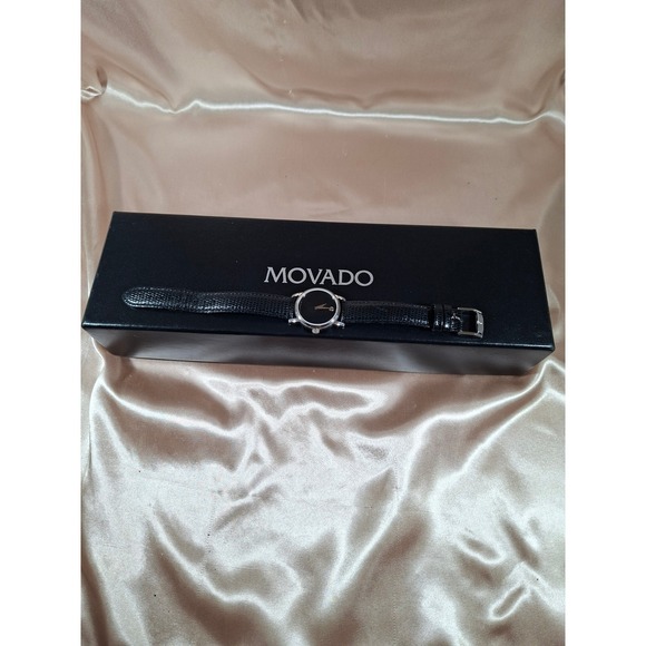 Ladies Movado Museum Swiss Quartz Black Dial Leather Strap Watch MO.01.3.14.6001